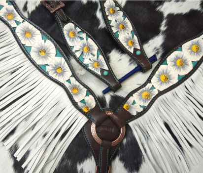 Showman White poppy painted flower with teal inlay one ear headstall and breast collar set with fringe #3
